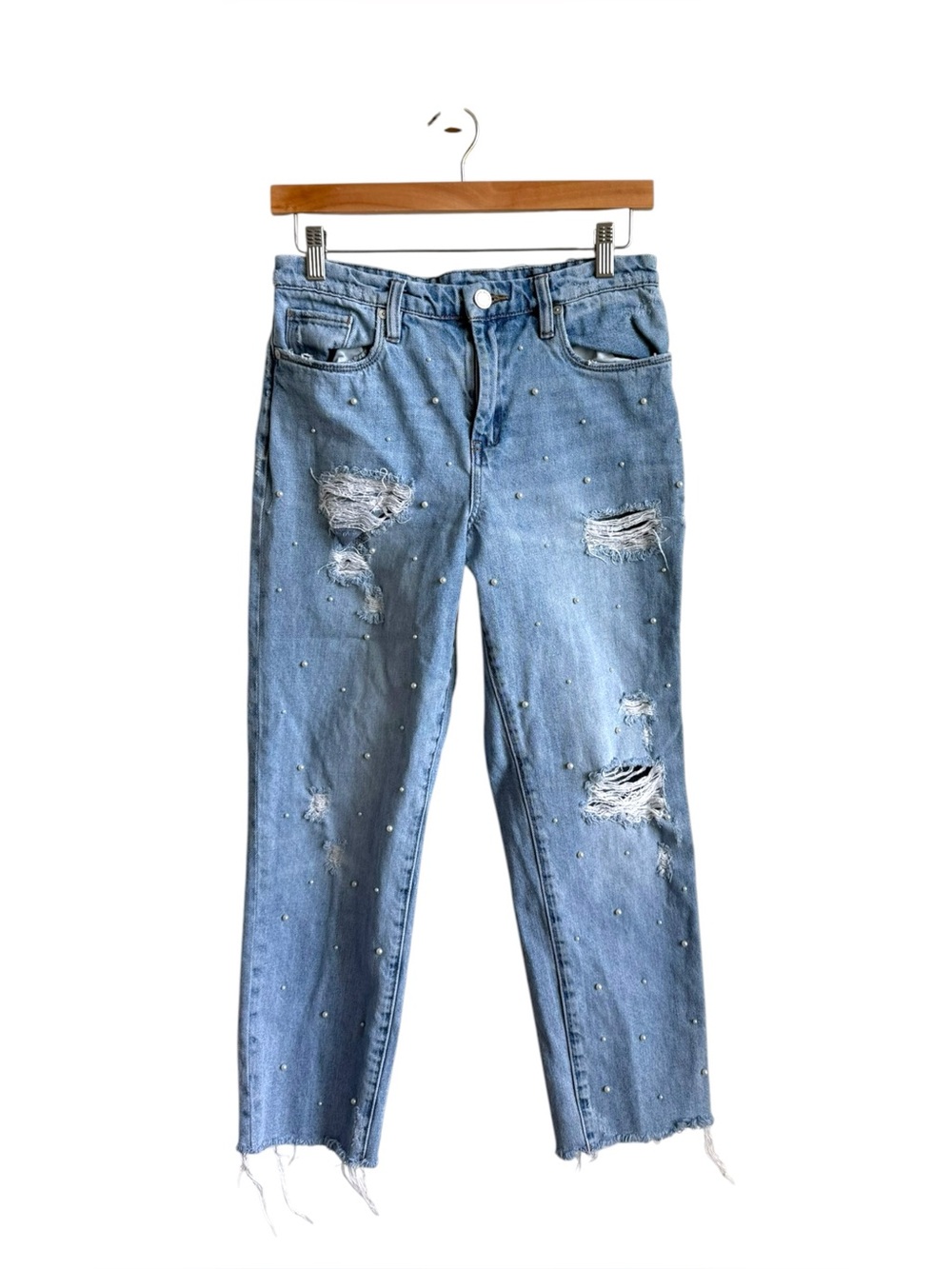 BLANKNYC Madison Crop Pearl Embellished Distressed Straight Jeans Size 28